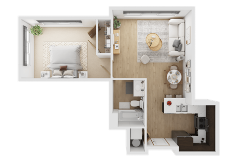 Floor plan for 1 bed, 1 bath, 672 sqft